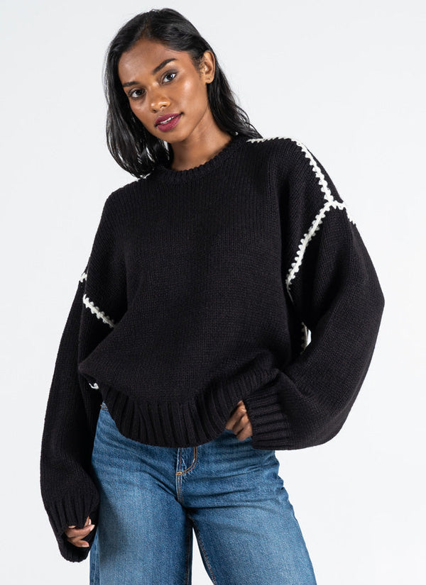 Knit Sweater With Embroidered Contrasting Thread